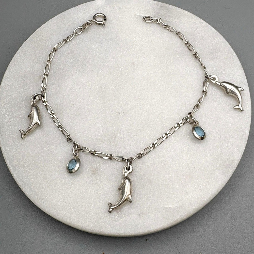 Vintage Sterling Silver Charm Bracelet Dolphins Light Blue Stones 7" Nautical